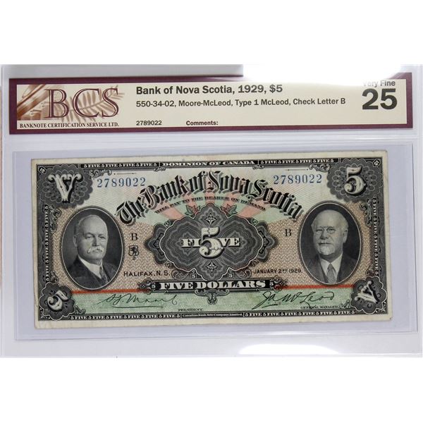 550-34-02 1929 Bank of Nova Scotia $5, Moore-McLeod, Type 1 McLeod, S/N: 2789022-B. BCS Certified VF