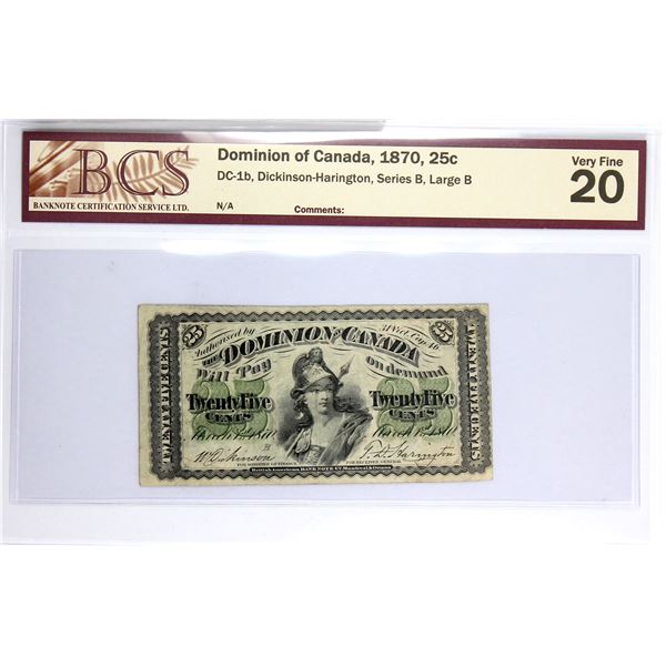 DC-1b 1870 Dominion of Canada 25-cent, Series B, Large B, Dickinson-Harington. BCS Certified VF-20.