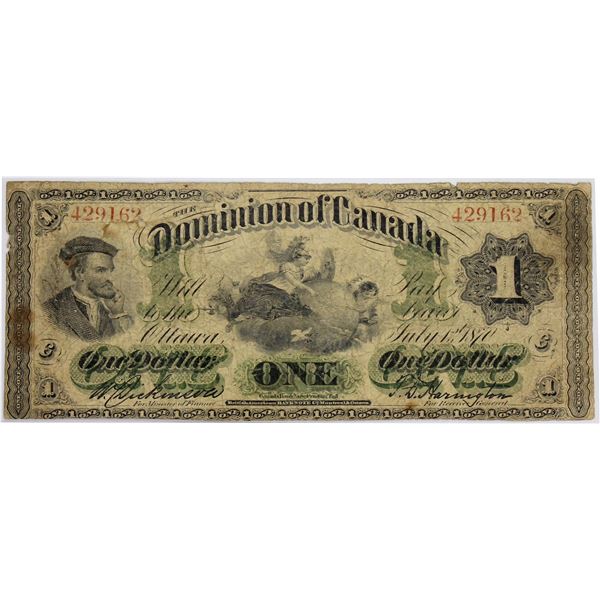DC-2b-i 1870 Dominion Of Canada, $1 Toronto, Large Date Dickinson-Harrington, S/N: 429162-C. A Solid