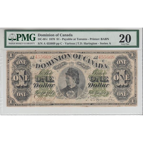 DC-8f-i 1878 Dominion of Canada $1, Various-Harington, Lettered Boarder, Payable at Toronto, Series 