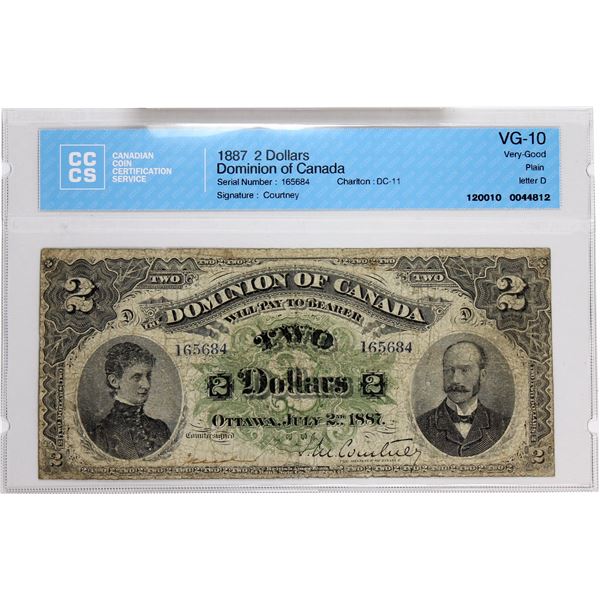 DC-11 1887 Dominion Of Canada, $2 Plain Various-Cortney, S/N: 165684-D. CCCS Certified VG-10.