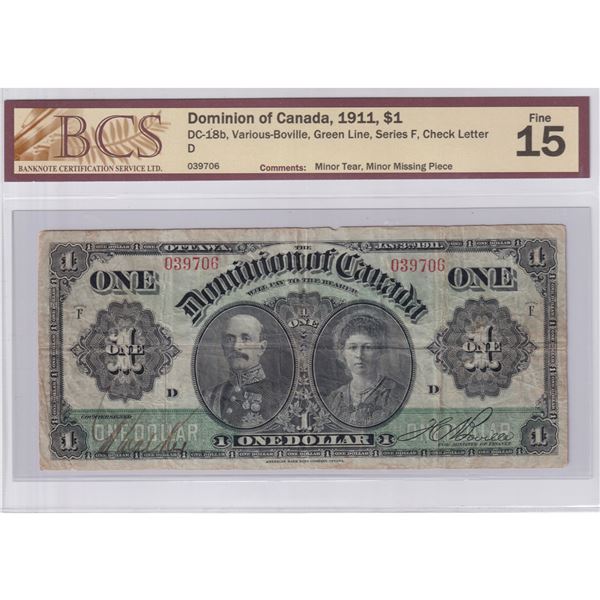 DC-18b 1911 Dominion of Canada $1, Various-Boville, Green Line, Series F, Check Letter D, S/N: 03970