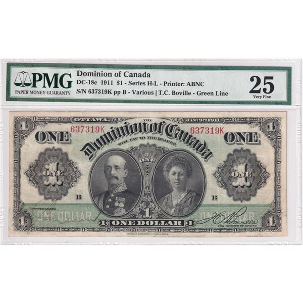 DC-18c 1911 Dominion of Canada $1 Green Line, Series K, Various-Bouville, S/N: 637319-B, PMG Certifi