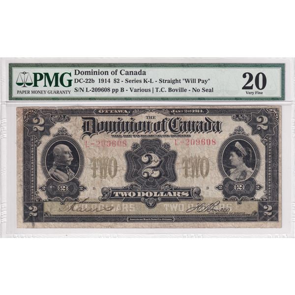 DC-22b 1914 Dominion Of Canada $2, Series L, Straight "Will Pay", No Seal, Various-Boville, S/N: 209