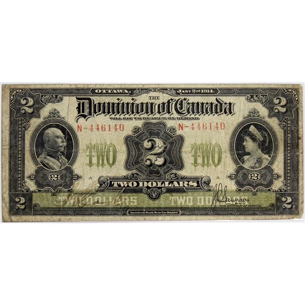 DC-22c 1914 Dominion Of Canada, $2  Various-Saunders, S/N: N-446140-A.An attractive Fine Note.