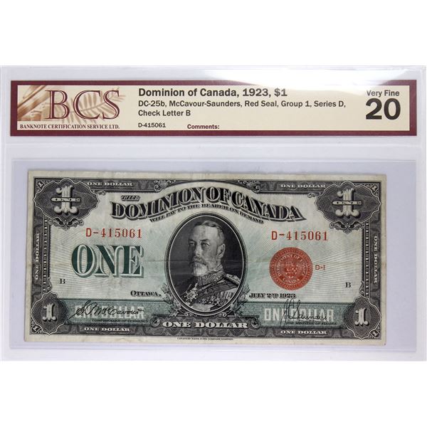 DC-25b 1923 Dominion of Canada $1, Red Seal, Group 1, Series D,  McCavour-Saunders S/N: 415061-B. BC