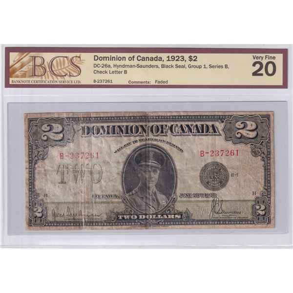 DC-26a 1923 Dominion of Canada $2, Hyndman-Saunders, Black Seal, Group 1, Series B, Check Letter B,