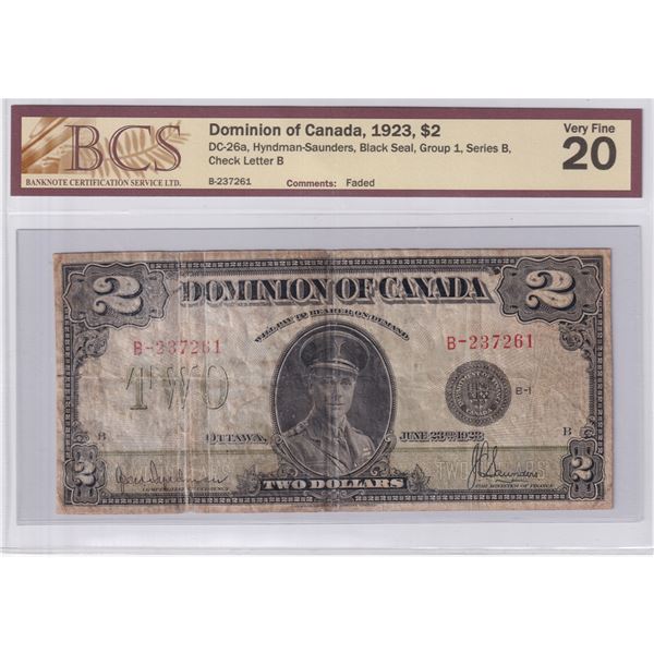 DC-26a 1923 Dominion of Canada $2, Hyndman-Saunders, Black Seal, Group 1, Series B, Check Letter B, 