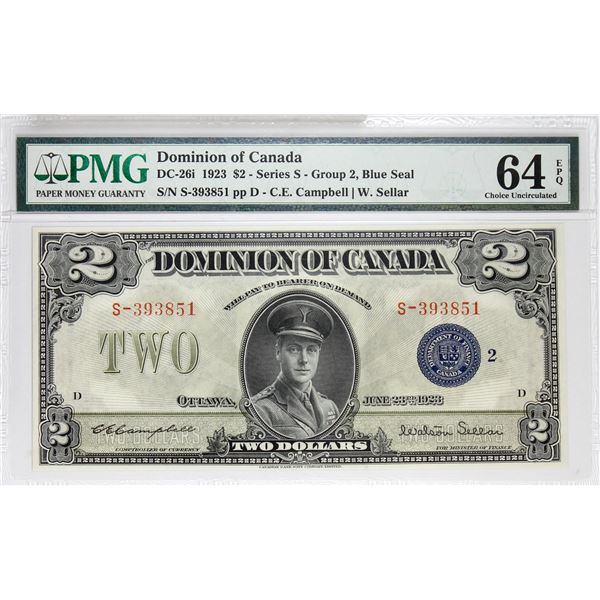 DC-26i 1923 Dominion of Canada $2 Blue Seal Group 2, Series S, Campbell-Sellar S/N: S-393851-D. PMG 