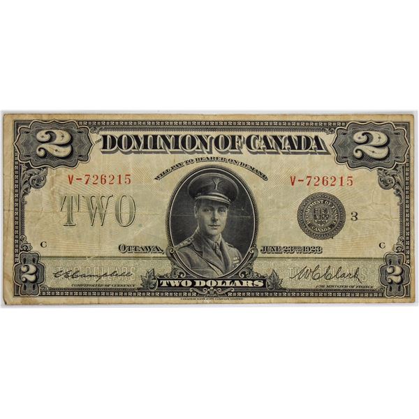 DC-26k 1923 Dominion Of Canada, $2 Black Seal Group 3 Campbell-Clarke, S/N: V-726215-C. A F-VF note 