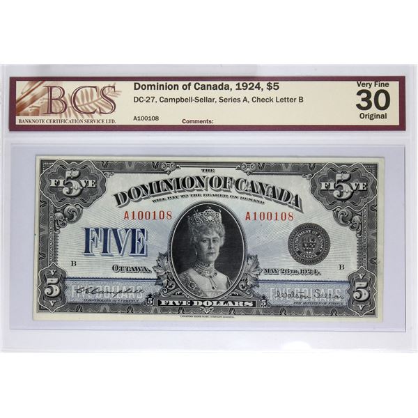 DC-27 1924 Dominion of Canada Queen Mary $5, Campbell-Sellar S/N: A100108-B. BCS Certified VF-30 Ori