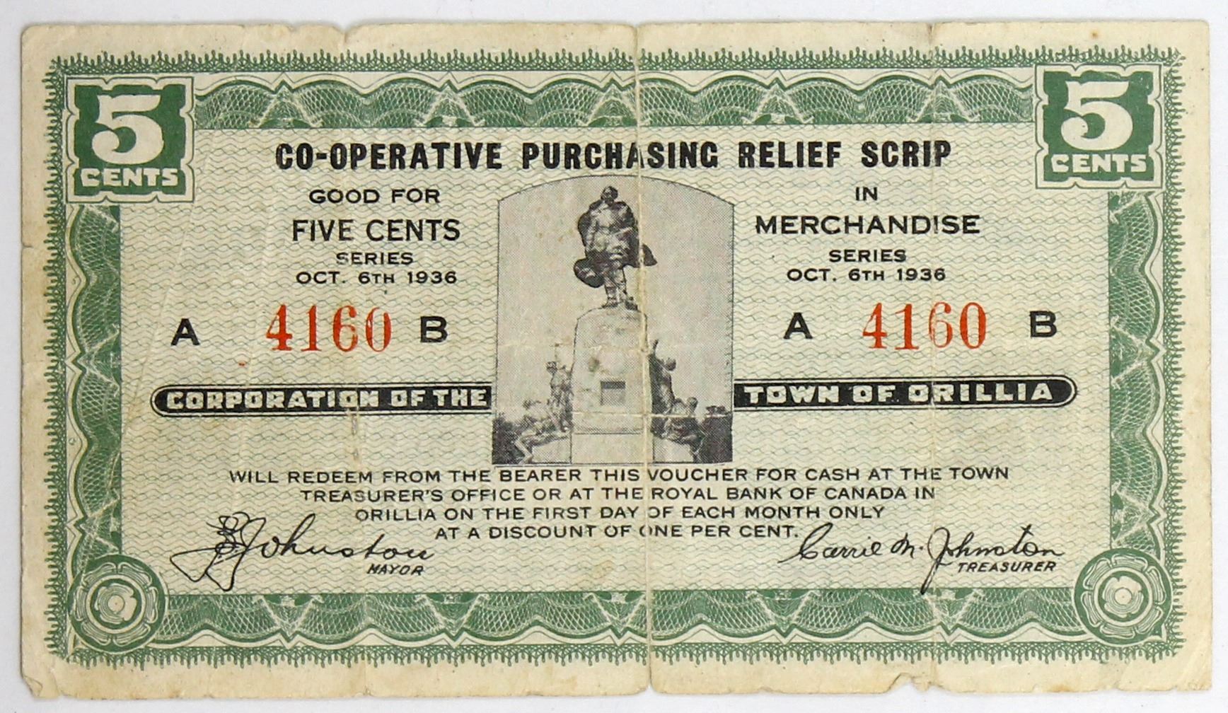 DC-120-1a 1936 Co-Operative Purchasing Relief Scrip Town of Orillia, 5 ...