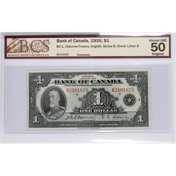 BC-1 1935 Bank of Canada English $1, Osborne-Towers S/N: B2191823-B. BCS Certified Choice AU-50 Orig