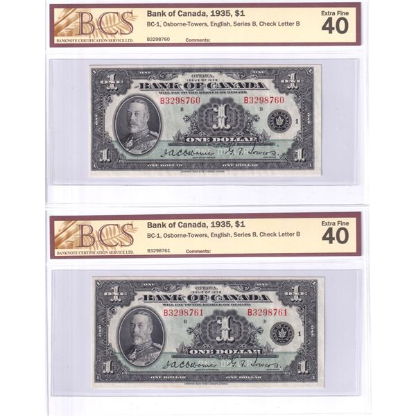 BC-1 1935 Bank of Canada English $1, 2x consecutive, Osborne-Towers S/N: B3298760/ 761. Both notes B