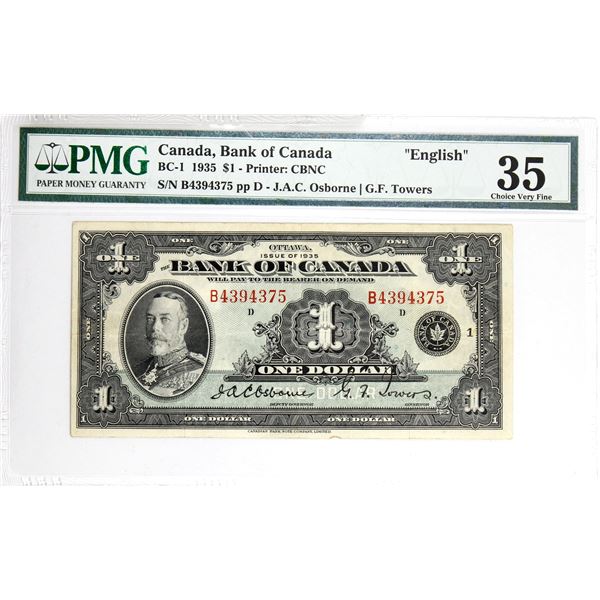 BC-1 1935 Bank of Canada English $1, Osborne-Towers S/N: B4394375. PMG Certified Choice VF-35.