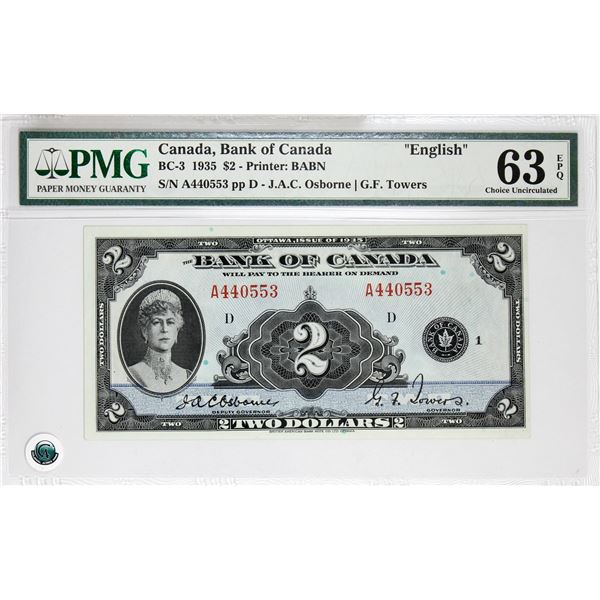 BC-3 1935 Bank of Canada, $2 English   Osborne-Towers, S/N: A440553-D. PMG Certified Choice UNC-63 E