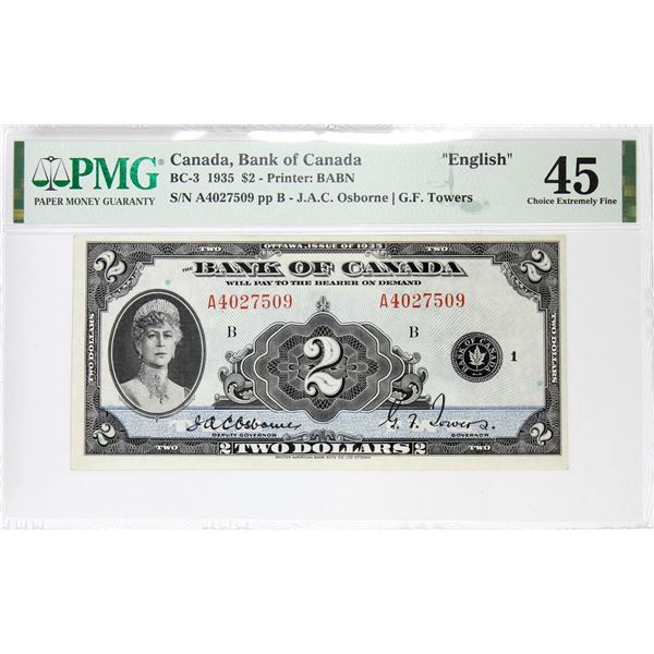 BC-3 1935 Bank of Canada English $2, Osborne-Towers S/N: A4027509. PMG Certified Choice EF-45.