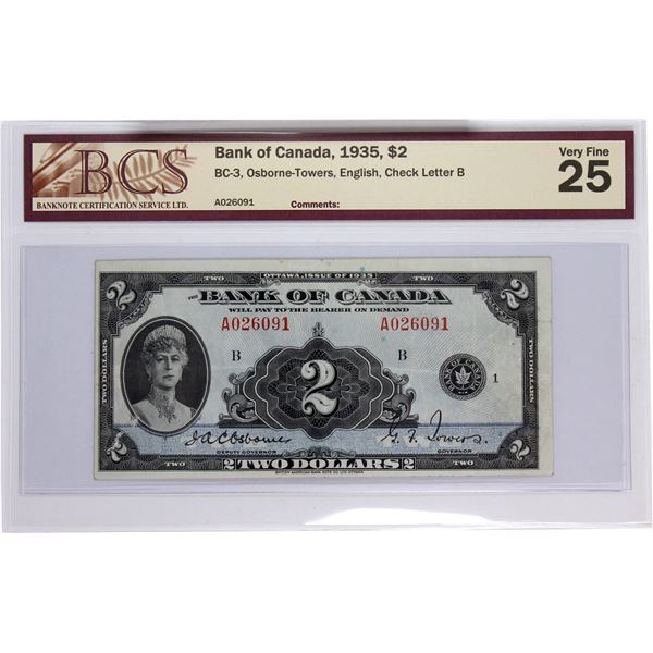 BC-3 1935 Bank of Canada, $2 English   Osborne-Towers, S/N: A026091-B. BCS Certified VF-25.