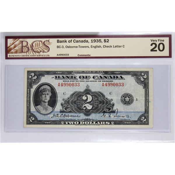 BC-3 1935 Bank of Canada English $2, Osborne-Towers S/N: A499033-C. BCS  Certified VF-20. A clean we