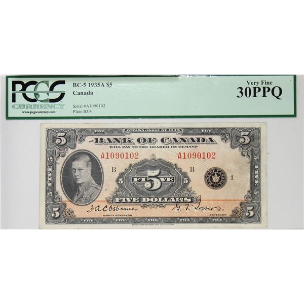 BC-5 1935 Bank of Canada English $5, Osborne-Towers S/N: A1090102-B. PCGS Certified VF-30 PPQ!