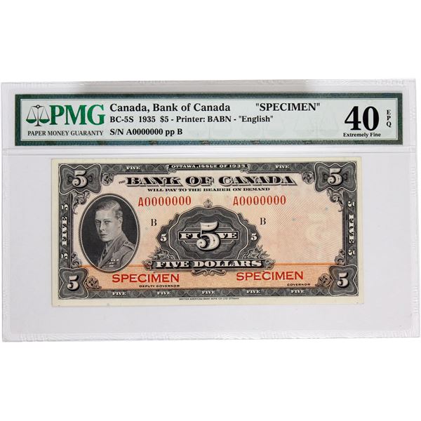 BC-5S 1935 Bank of Canada, $5 English SPECIMEN , S/N: A0000000. PMG Certified EF-40 EPQ!