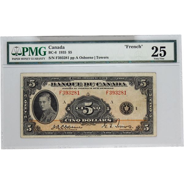 BC-6 1935 Bank of Canada, $5 French  Osborne-Towers, S/N:F393281-A. PMG Certified VF-25.