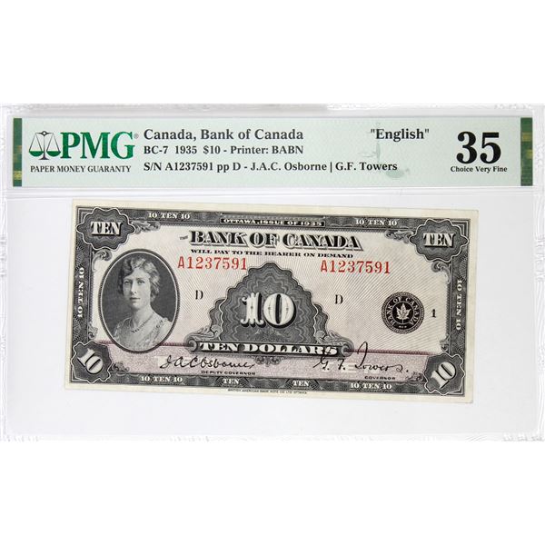 BC-7 1935 Bank of Canada English $10, Osborne-Towers S/N: A1237591-D. PMG Certified Choice VF-35!  B