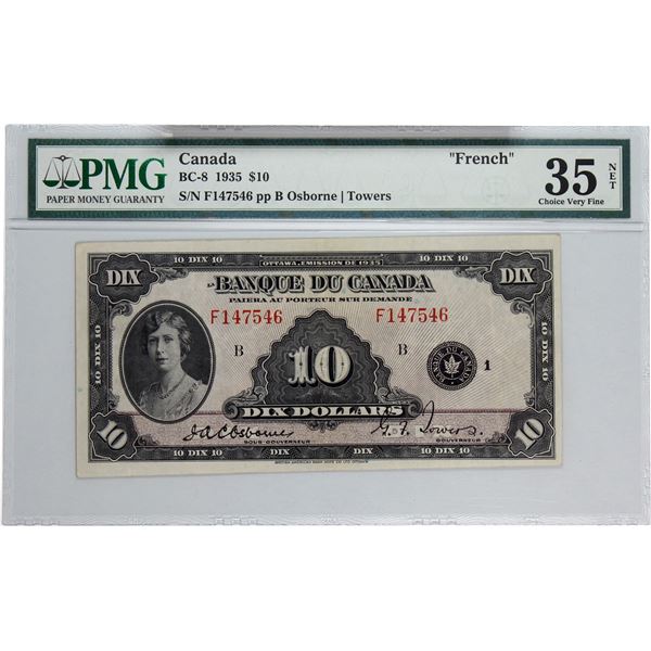 BC-8 1935 Bank of Canada, $10 French  Osborne-Towers, S/N: F147546-B. PMG Certified Choice VF-35 NET