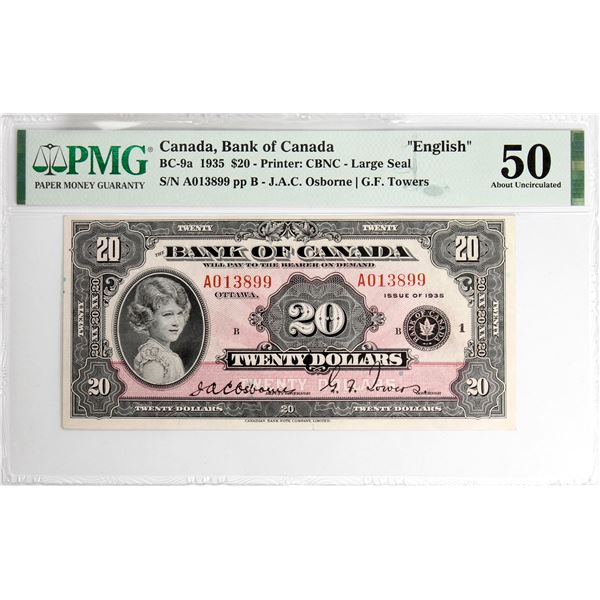 BC-9a 1935 Bank of Canada, $20 Large Seal Osborne-Towers, S/N: A013899-B. PMG Certified AU-50! *Scar