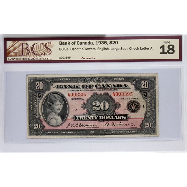 BC-9a 1935 Bank of Canada English $20, Large Seal,  Osborne-Towers S/N: A003395-A. BCS Certified F-1