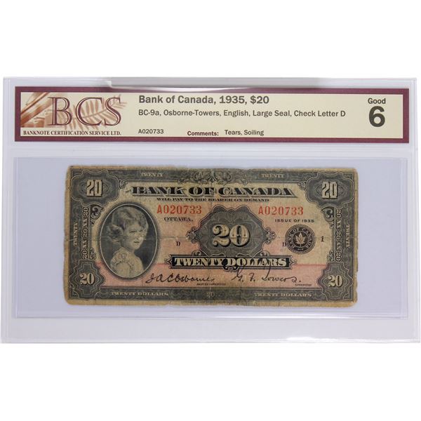 BC-9a 1935 Bank of Canada, $20 Large Seal Osborne-Towers, S/N: A020733-D. BCS Certified G-6 (tears, 