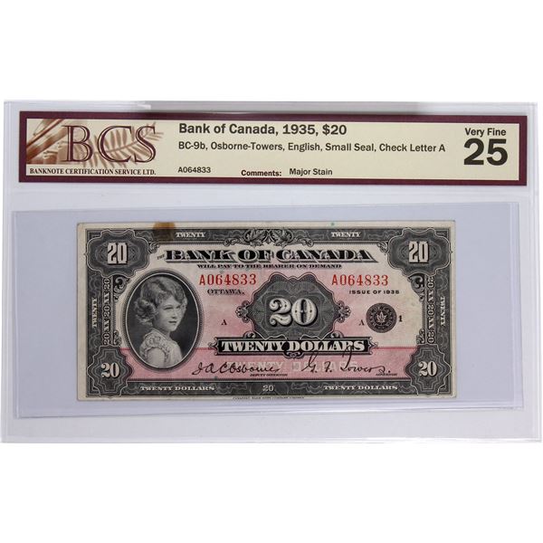 BC-9b 1935 Bank of Canada, $20 Small Seal Osborne-Towers, S/N: A064833-A. BCS Certified VF-25 (major