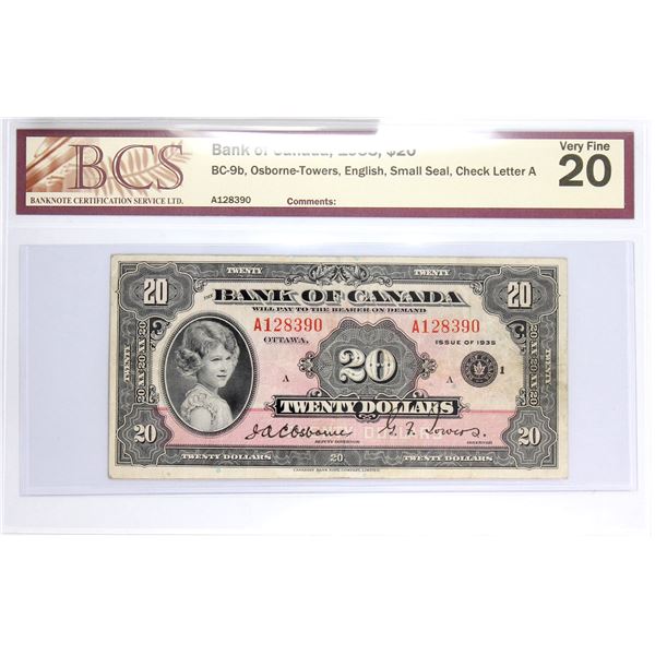 BC-9b 1935 Bank of Canada, $20 Small Seal Osborne-Towers, S/N: A128390-A. BCS Certified VF-20.