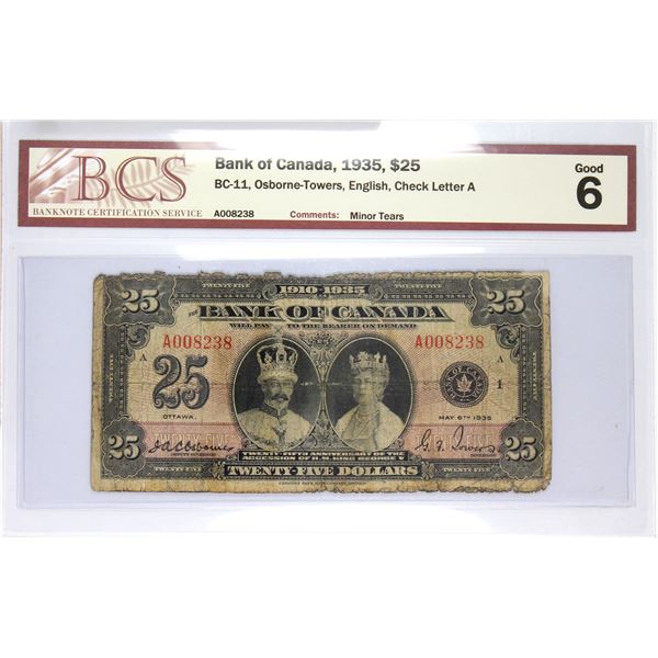 BC-11 1935 Bank of Canada English $25, Osborne-Towers S/N: A008238-A. BCS Certified G-6 (minor tears