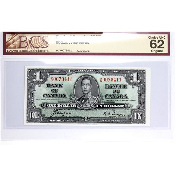 BC-21d 1937 Bank of Canada $1, Coyne-Towers S/N: W/N0073411. BCS Certified Choice UNC-62 Original! A