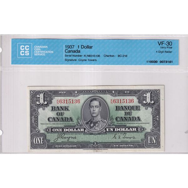 BC-21d 1937 Bank of Canada 4 Digit RADAR $1, Coyne-Towers S/N: K/N6315136 CCCS Certified VF-30