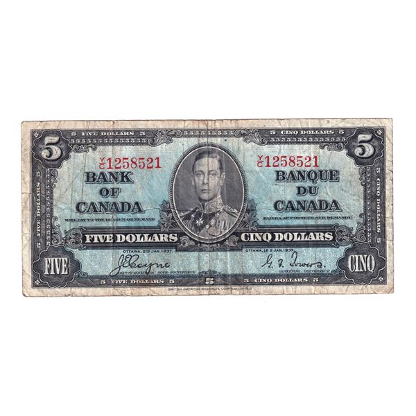 BC-21d 1937 Bank of Canada 4 Digit RADAR $1, Coyne-Towers S/N: Y/C1258521. Note is approximately Fin