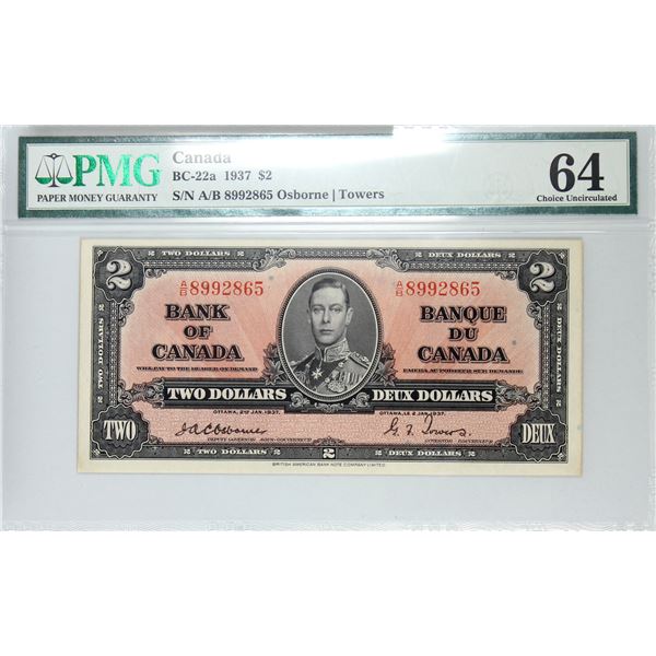 BC-22a 1937 Bank of Canada $2, Osborne-Towers S/N: A/B8992865. PMG Certified CUNC-64. *RARE SIGNATUR