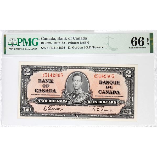 BC-22b 1937 Bank of Canada $2, Gordon-Towers S/N: U/B5142805. PMG Certified GEM UNC-66 EQP! Pristine