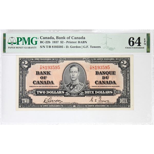 BC-22b 1937 Bank of Canada $2, Gordon-Towers S/N: T/B8193595. PMG Certified CUNC-64 EPQ!.