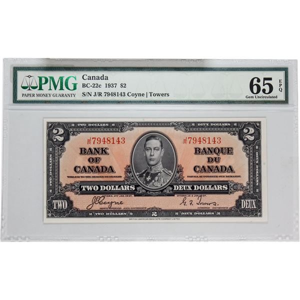 BC-22c 1937 Bank of Canada, $2  Coyne-Towers, S/N: J/R7948143. PMG Certified GEM UNC-65 EPQ! A brigh