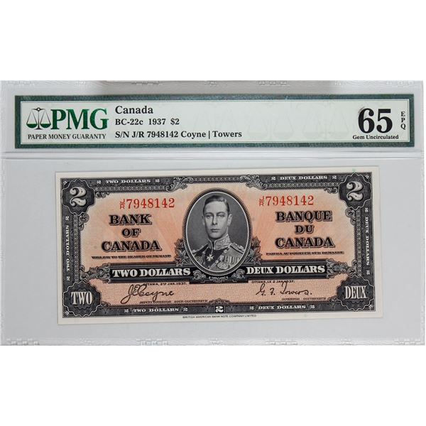 BC-22c 1937 Bank of Canada, $2  Coyne-Towers, S/N: J/R7948142. PMG Certified GEM UNC-65 EPQ! A brigh