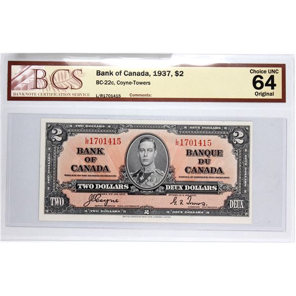 BC-22c 1937 Bank of Canada $2 Coyne-Towers S/N: L/R1701415. BCS Certified Choice UNC-64 Original!