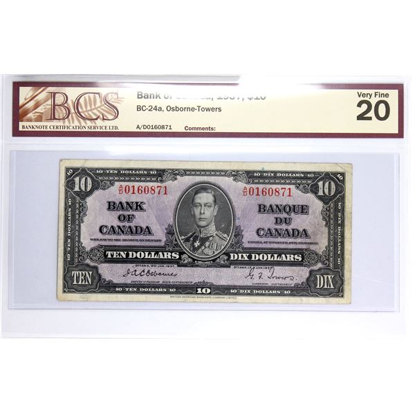 BC-24a 1937 Bank of Canada $10, Osborne-Towers S/N: A/D0160871. BCS Certified VF-20. *Scarce Signatu