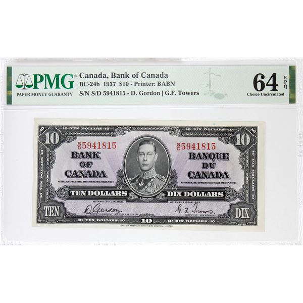 BC-24b 1937 Bank of Canada $10, Gordon-Towers S/N: S/D5941815. PMG Certified CUNC-64 EPQ.