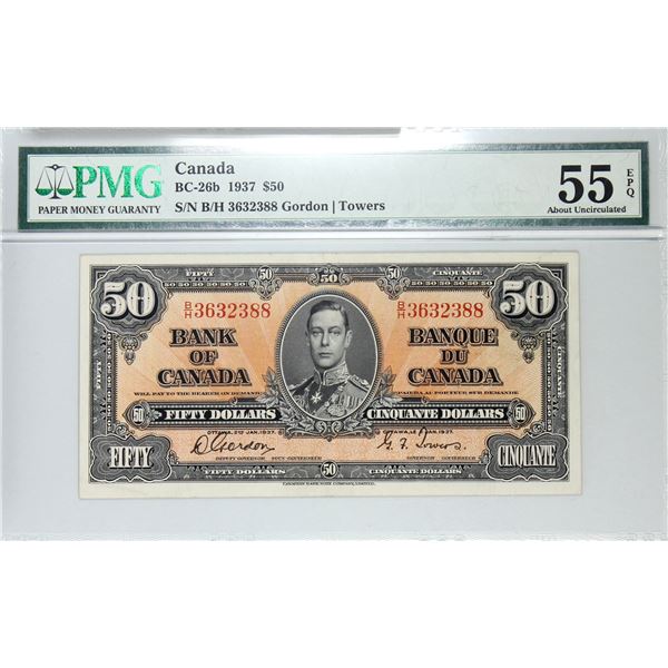 BC-26b 1937 Bank of Canada $50, Gordon-Towers S/N: B/H3632388. PMG Certified AU-55 EPQ. Bright well 