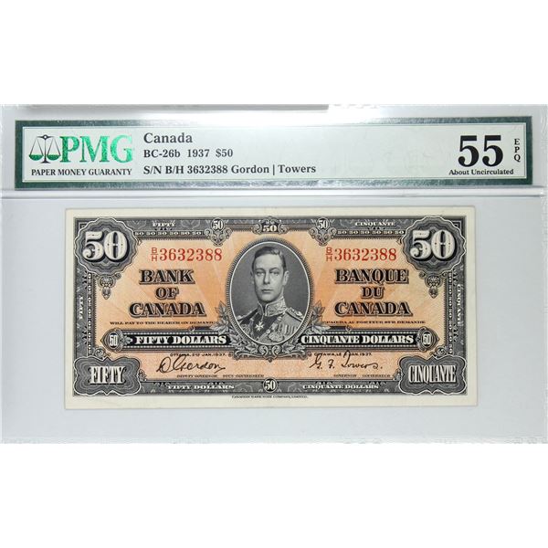 BC-26b 1937 Bank of Canada $50, Gordon-Towers S/N: B/H3632388. PMG Certified AU-55 EPQ. Bright well 