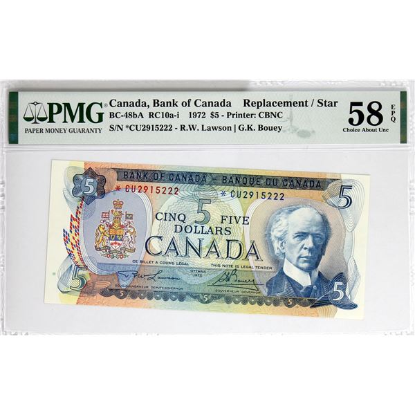 BC-48bA 1972 Bank of Canada Replacement $5. Lawson-Bouey S/N: *CU2915222. PMG Certified Choice AU-58