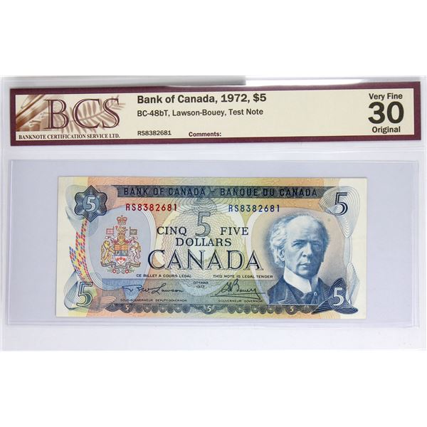 BC-48bT 1972 Bank of Canada $5 'RS' TEST NOTE. Lawson-Bouey S/N: RS8382681. BCS Certified VF-30 Orig