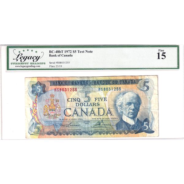 BC-48bT 1972 Bank of Canada 'RS' Test $5, Lawson-Bouey S/N: RS8031255 Legacy Certified F-15. *SCARCE